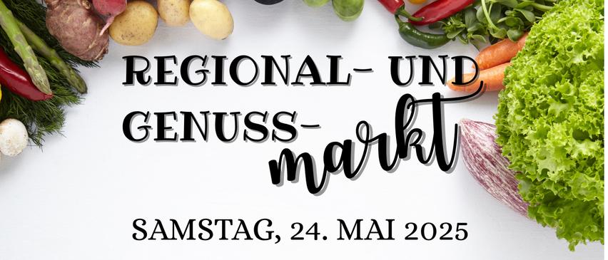 Plakat für einen regionalen und Genussmarkt, geplant für Samstag, 24. Mai 2025, von 8:30 Uhr bis 12:00 Uhr am Dorfplatz Nickelsdorf. Veranstaltet von gesundesdorf.