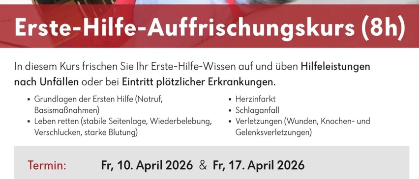 Ein 8-stündiger Erste-Hilfe-Auffrischungskurs findet am 10. und 17. April 2026 von 16:00 bis 20:00 Uhr statt. Der Kurs wird von der Freiwilligen Feuerwehr Nickelsdorf angeboten und deckt Grundlagen wie Herz-Lungen-Wiederbelebung und den Umgang mit Verletzungen und Schocks ab. Die Kosten betragen 35 € pro Teilnehmer.