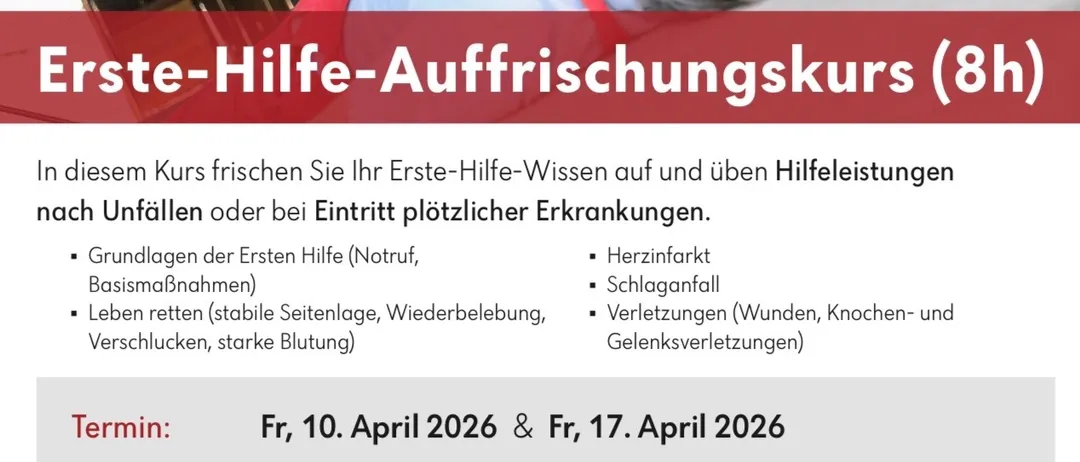 Ein 8-stündiger Erste-Hilfe-Auffrischungskurs findet am 10. und 17. April 2026 von 16:00 bis 20:00 Uhr statt. Der Kurs wird von der Freiwilligen Feuerwehr Nickelsdorf angeboten und deckt Grundlagen wie Herz-Lungen-Wiederbelebung und den Umgang mit Verletzungen und Schocks ab. Die Kosten betragen 35 € pro Teilnehmer.