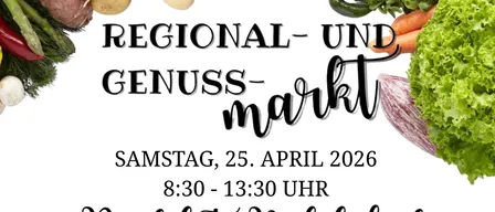 Plakat für einen regionalen und Genussmarkt am 25. April 2026 von 8:30 bis 13:30 am Dorfplatz Nickelsdorf. Sponsoren sind Vogel & Nitzky, ROTH und mehrere Bio-Bauernhöfe.