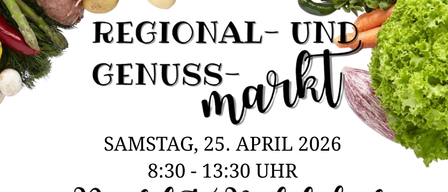 Poster advertising a regional and enjoyment market on April 25, 2026, from 8:30 to 13:30 at Dorfplatz Nickelsdorf. Sponsors include Vogel & Nitzky, ROTH, and several organic farms.