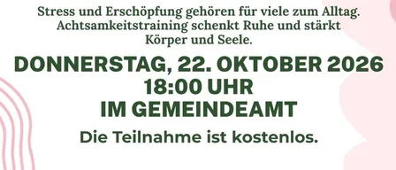 Plakat für einen Vortrag über Achtsamkeit von Karin Pscheidl, mit einem Gehirn mit Blumen und einem Herzen, mit Text auf Deutsch.