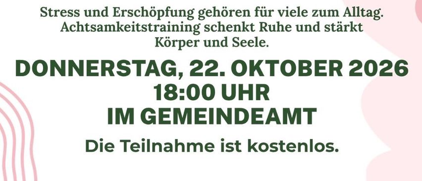 Plakat für einen Vortrag über Achtsamkeit von Karin Pscheidl, mit einem Gehirn mit Blumen und einem Herzen, mit Text auf Deutsch.