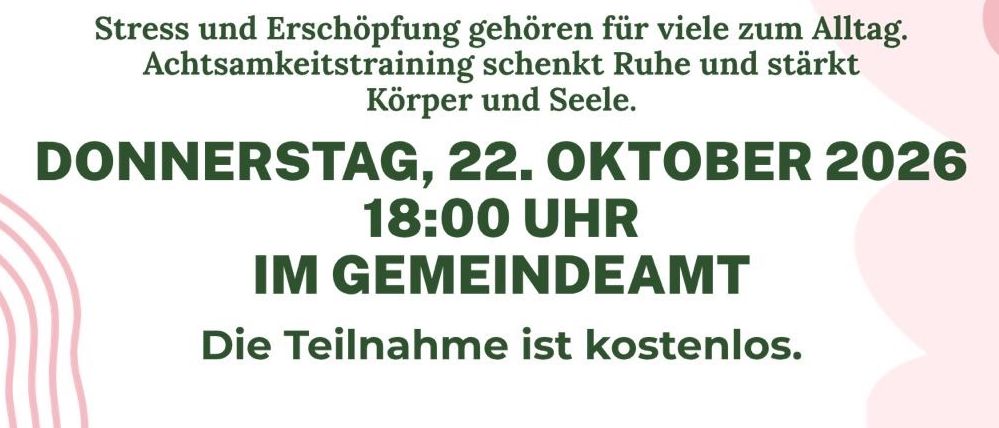 Plakat für einen Vortrag über Achtsamkeit von Karin Pscheidl, mit einem Gehirn mit Blumen und einem Herzen, mit Text auf Deutsch.