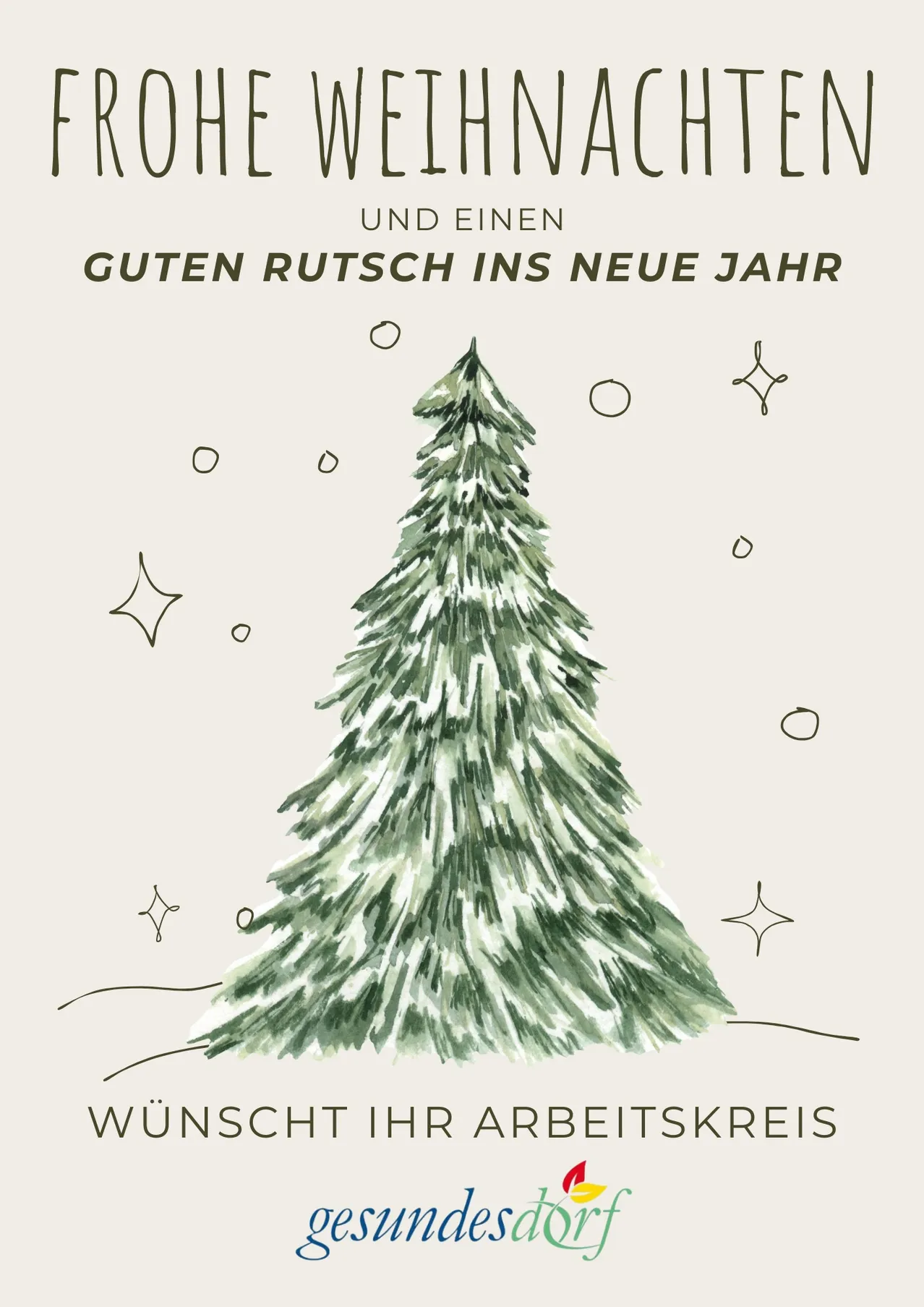 Eine Illustration einer Tanne mit Text, der 'Wünscht Ihnen einen fröhlichen Weihnachtstag und einen guten Rutsch ins neue Jahr' in einem dekorativen Stil steht.