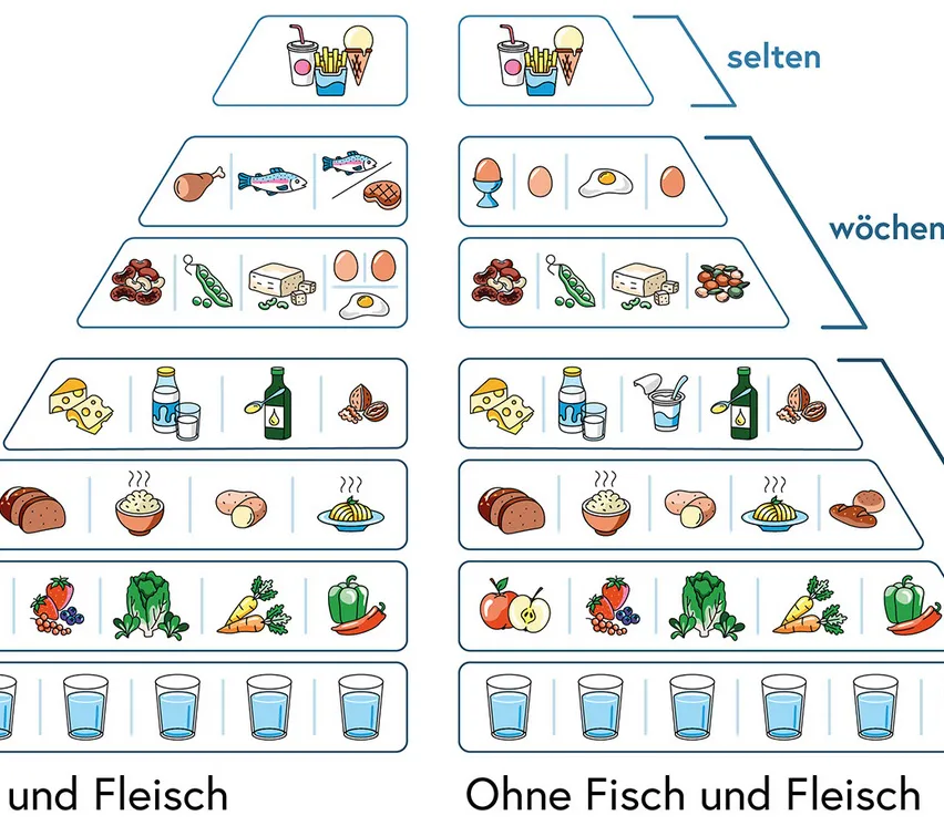 Das Bild zeigt eine Ernährungspyramide mit zwei Abschnitten, die mit 'selten' und 'wö' beschriftet sind. Sie enthält verschiedene Lebensmittel in absteigender Reihenfolge, von Milchprodukten und Fisch oben bis hin zu Obst und Gemüse unten. Die Pyramide ist in zwei Teile unterteilt: einen mit Fisch und Fleisch und einen ohne.