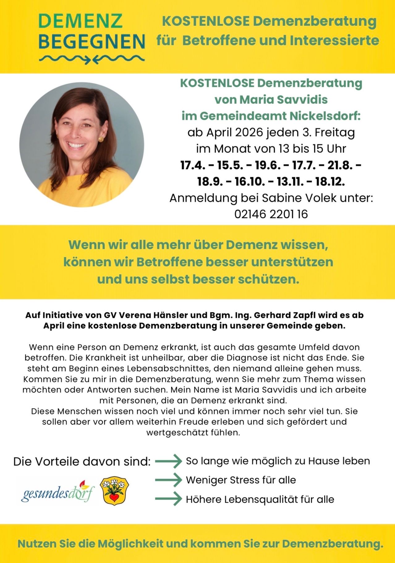Eine Anzeige für kostenlose Demenzberatung in Nickelsdorf ab April 2026. Termine und Zeiten sind aufgeführt. Kontaktieren Sie Sabine Volek zur Anmeldung. Die Initiative wird von GV Verena Hänsler und Bgm. Ing. Gerhard Zapfl geleitet. Sie betont die Vorteile einer frühen Diagnose und Unterstützung.