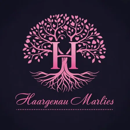 Ein rosa Baum mit Herzblättern und Wurzeln bildet einen Buchstaben H auf dunklem Hintergrund. Darunter steht der Name Haargenau Marlies in Rosa geschrieben.