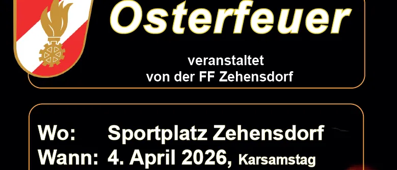 Plakat für eine Veranstaltung im Sportplatz Zehensdorf, 4. April 2026, um 19:00 Uhr. Getränke sind vorhanden. Nur Baum- und Strauchschnitte erlaubt. Kontaktieren Sie Florian Wissiak für weitere Informationen.