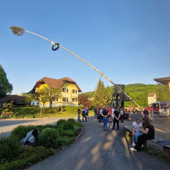 Eine Gruppe von Menschen versammelt sich um einen großen Baum, der von einem mechanischen Kran angehoben wird. Am Baum ist ein Kranz befestigt. Sie stehen am Straßenrand.