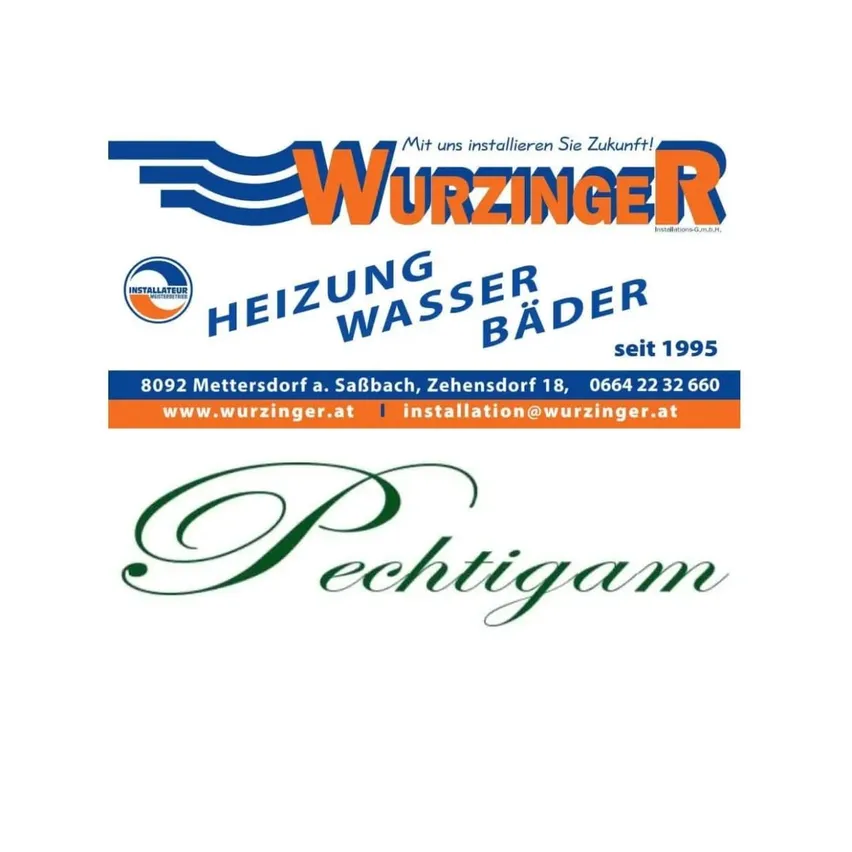 Eine Wurzinger-Werbung mit Kontaktdaten und Website, spezialisiert auf Heizungs- und Wasserinstallationen seit 1995.