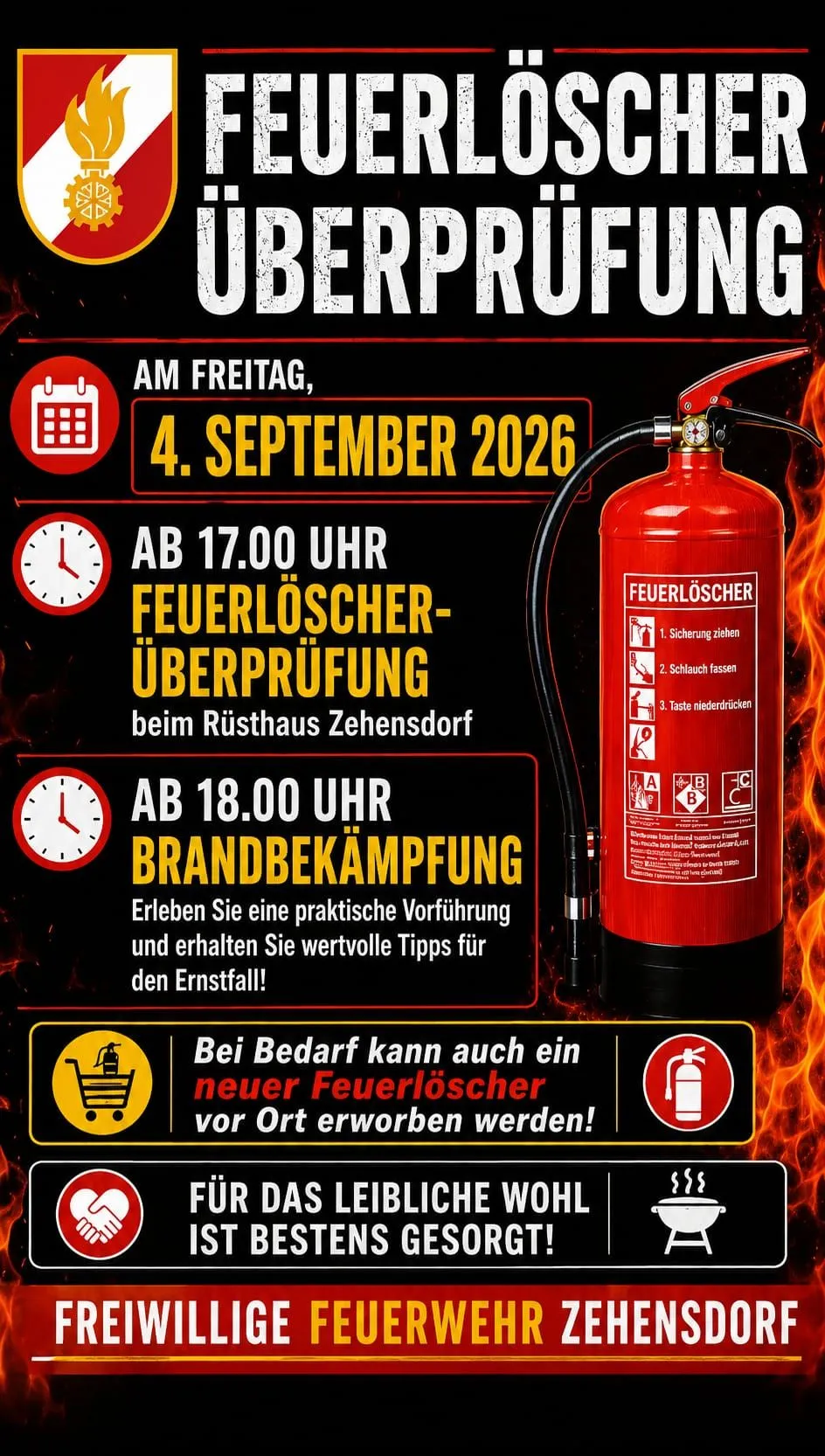 Ein Flyer für eine Feuerlöscher-Überprüfung und Brandbekämpfungsvorführung am Freitag, 4. September 2026, um 17:00 Uhr und 18:00 Uhr im Rüsthaus Zehnsdorf. Tipps für Notfälle werden bereitgestellt.