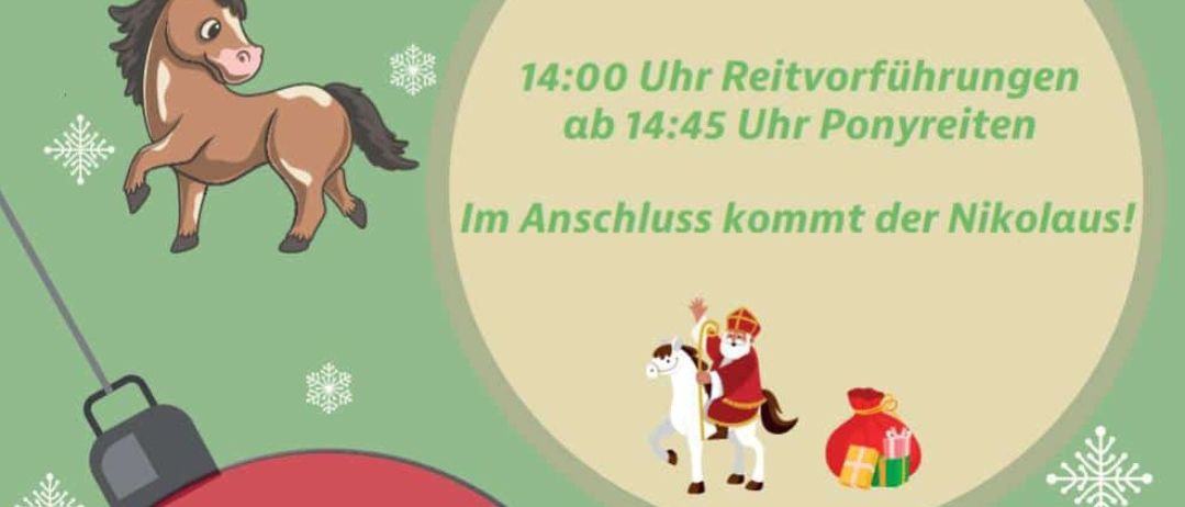 Veranstaltungsposter mit einem Pferd, Schneeflocken und einem Weihnachtsthema. Es zeigt einen Zeitplan mit Ponyreiten, Erfrischungen und dem Besuch des Weihnachtsmanns. Es ist für eine festliche Veranstaltung im Reitverein Chiron.