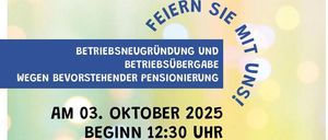 Das Plakat bewirbt eine Veranstaltung am 3. Oktober 2025, Beginn um 12:30 Uhr. Es handelt von einer Diskussion über Betriebsneugründung und Betriebsübergabe aufgrund bevorstehender Pensionierung. Das Thema wird Stress, Balance und Rückenprobleme sein, geleitet von Regina Binder. Der Veranstaltungsort ist Obere Marktstrasse 8, 7572 Deutsch Kaltenbrunn. Essen und Getränke sind vorhanden. Bei schlechtem Wetter wird die Veranstaltung auf den 4. Oktober 2025 um 12:30 Uhr verschoben.