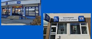 Ein blaues Vordergebäude mit Glasfenstern und einem Schild mit der Aufschrift UNIQ. Ein Büro mit Glastür, einem Schild mit der Aufschrift GeneralAgent und einem Plakat im Inneren.