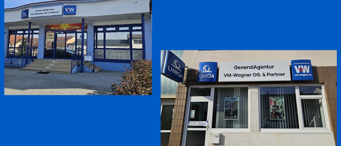 Ein blaues Vordergebäude mit Glasfenstern und einem Schild mit der Aufschrift UNIQ. Ein Büro mit Glastür, einem Schild mit der Aufschrift GeneralAgent und einem Plakat im Inneren.