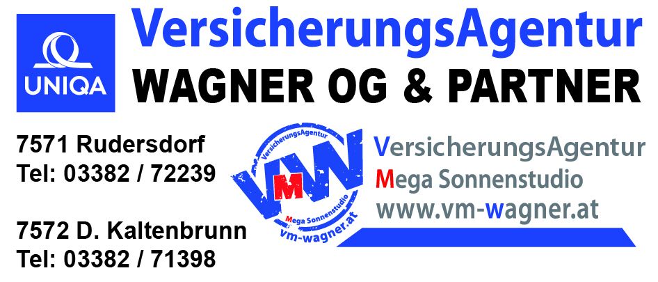 Visitenkarte für VersicherungsAgent Wagner OG & Partner. Enthält Telefonnummern, E-Mail-Adressen und eine Website.