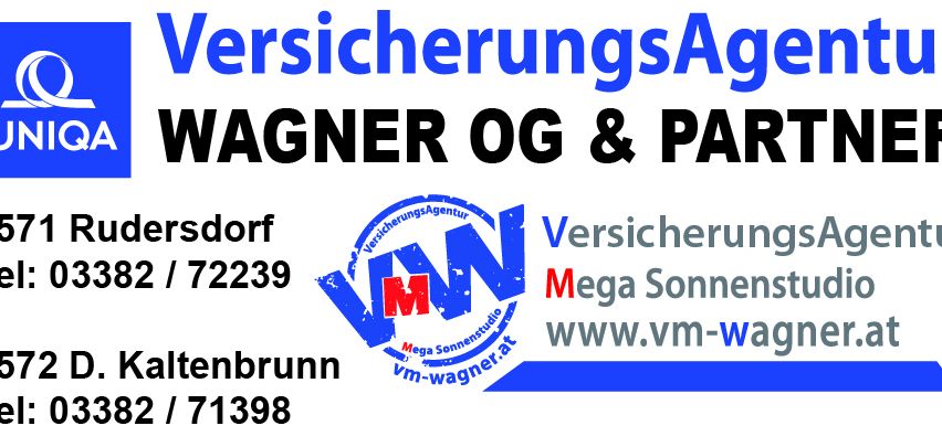 Visitenkarte für VersicherungsAgent Wagner OG & Partner. Enthält Telefonnummern, E-Mail-Adressen und eine Website.