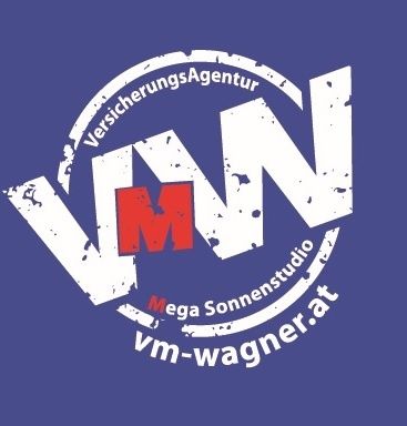 Ein blauer Hintergrund mit dem Logo von 'VersicherungsAgentur', das ein großes 'VW' mit einem roten 'M' in der Mitte zeigt. Unten steht der Text 'Mega Sonnenstudio' mit der Website 'vm-wagner.at'.