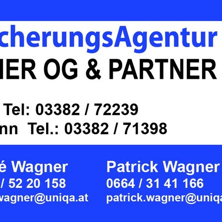 Versicherungsagentur GNER OG & PARTNER. Kontaktdaten für René Wagner und Patrick Wagner. Telefonnummern und E-Mail-Adressen sind angegeben.