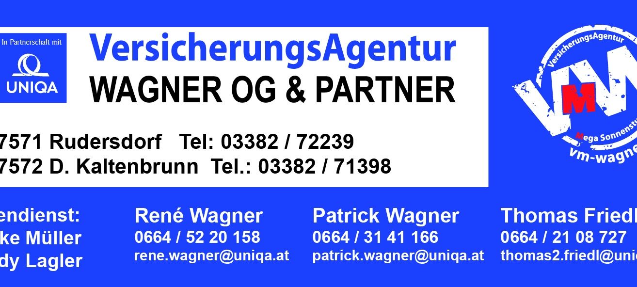 Versicherungsagentur GNER OG & PARTNER. Kontaktdaten für René Wagner und Patrick Wagner. Telefonnummern und E-Mail-Adressen sind angegeben.