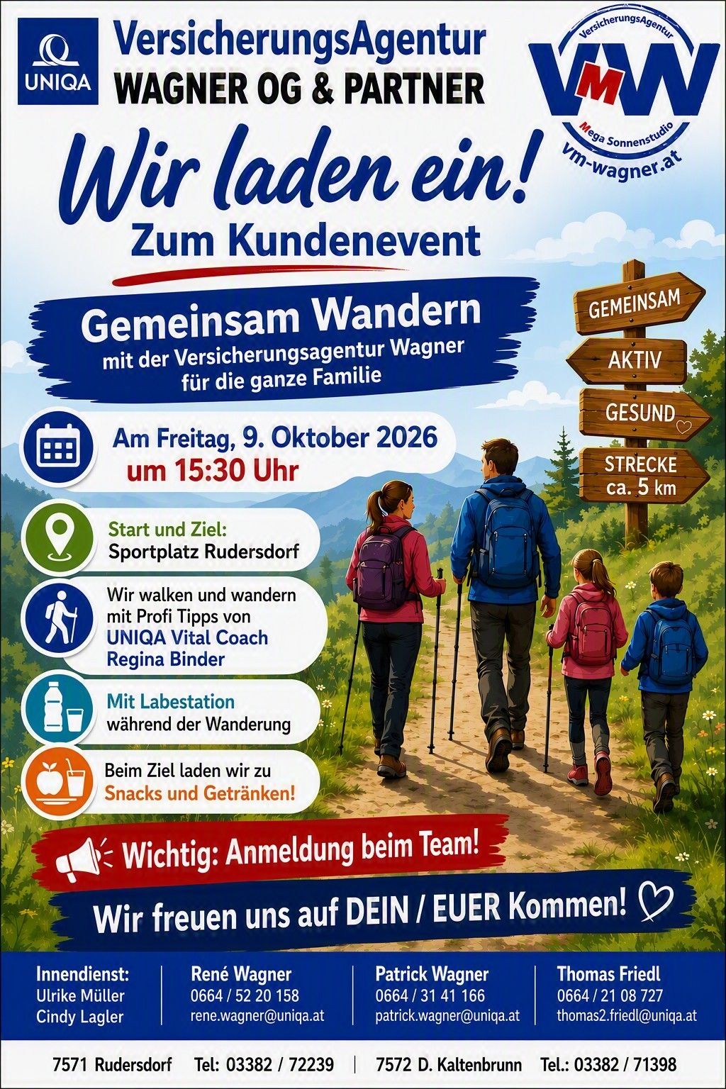 Poster for a family hiking event organized by Wagner Insurance on October 9, 2026, at 3:30 PM. Features a family walking with trekking poles, a rest station, and a snack area.