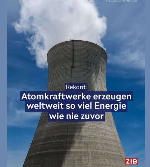 A nuclear power plant with smoke rising from its chimney. The text reads: 'Record: Nuclear power plants produce so much energy worldwide as never before.'