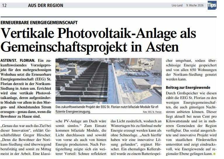The image shows a community project in Asten, featuring a vertical photovoltaic installation by EEG St. Florian. The installation includes bifacial modules for efficient energy generation, especially during morning and evening hours when residents are at home. The design aims to maximize energy storage and utilization.