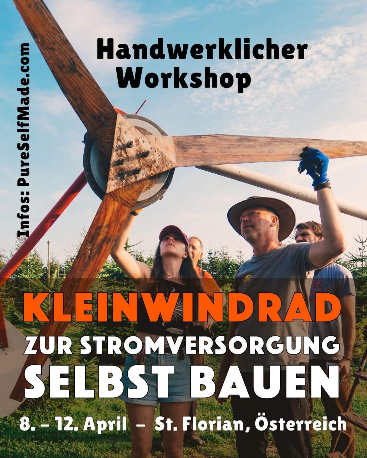 Eine Gruppe von Menschen arbeitet in einer Werkstatt an einer kleinen Windturbine. Der Mann trägt ein graues Shirt, und die Frau trägt eine Jeans-Shorts.