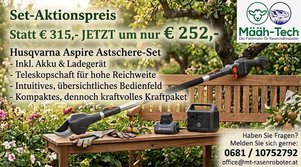 Eine Holzbank mit einem schwarzen und silbernen Trimmer und einem schwarzen Generator darauf. Der Hintergrund zeigt einen Garten mit Bäumen und Pflanzen. Der Text lautet 'Aspire Astschere-Set Ladegerät' und 'JETZT um nur € 252,-'.