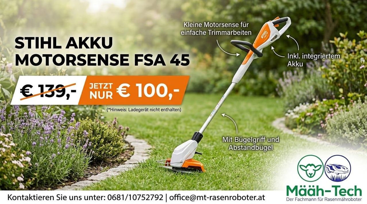 Werbung für den Stihl Sense FSA 45 Rasentrimmer, der seine Funktionen und den Preis von 100 Euro hervorhebt. Das Bild zeigt den Rasentrimmer auf einem Rasen mit Anmerkungen, die auf seine Funktionen hinweisen.