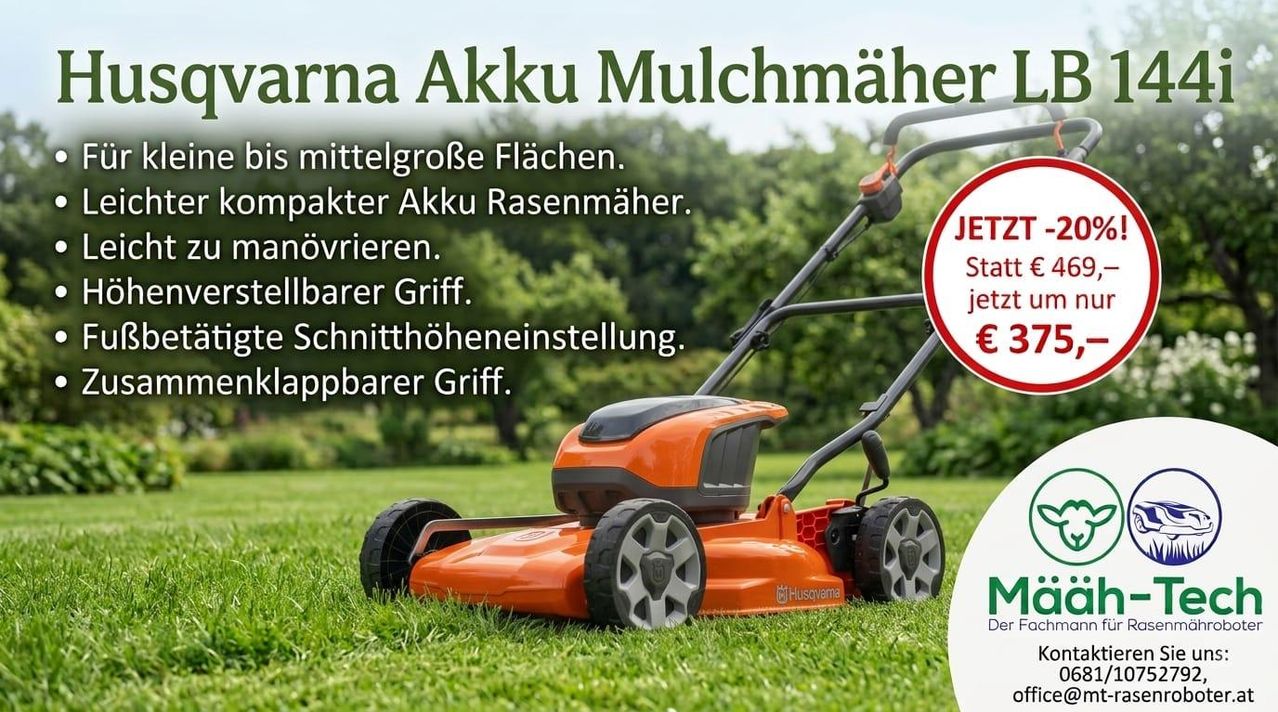 An advertisement for a Husqvarna lawn mower with features like adjustable cutting height and a foldable handle. The mower is orange and black, resting on a lawn.