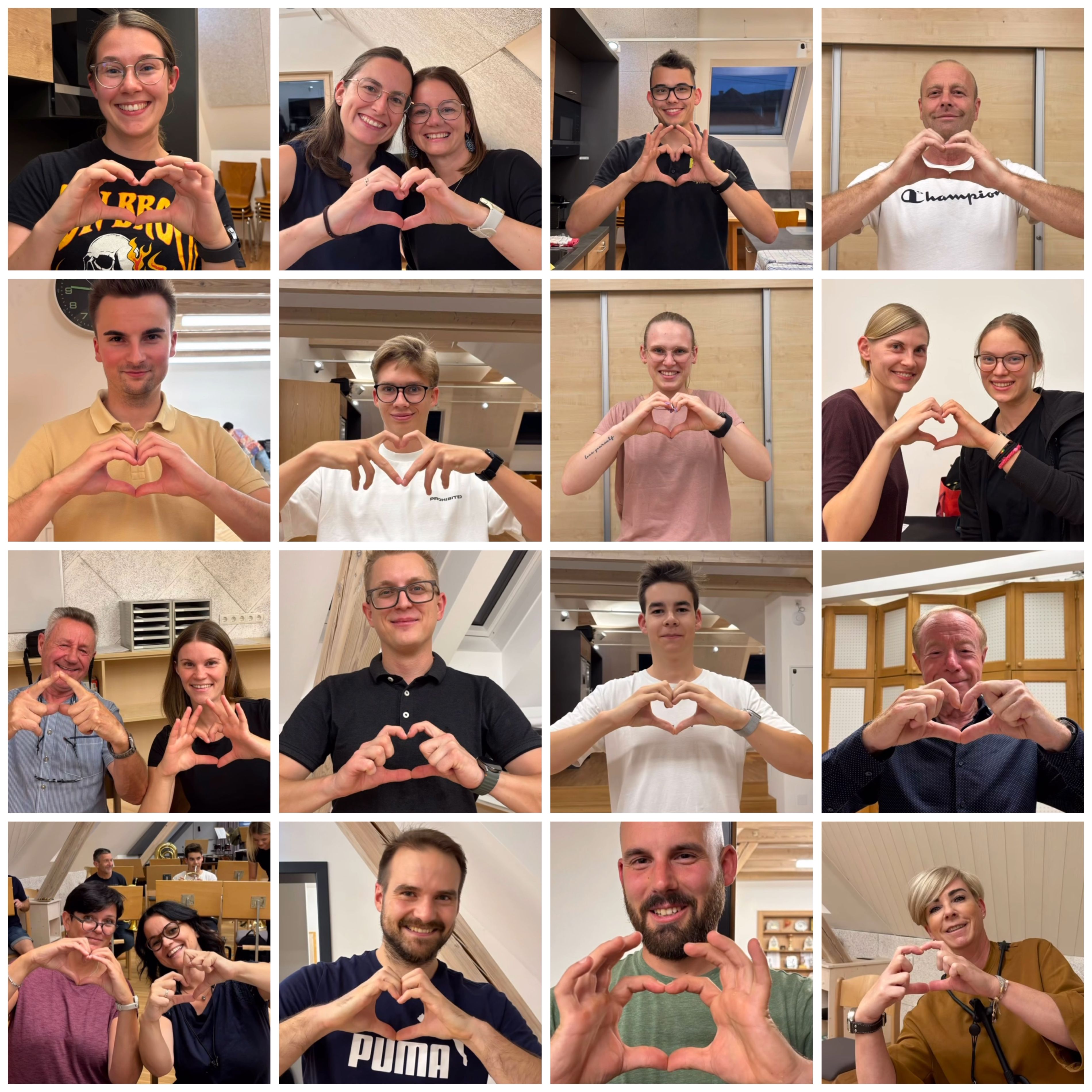 Eine Collage von 16 Personen, die mit ihren Händen Herzformen bilden, jeweils in verschiedenen Umgebungen und Outfits, was Einheit und Liebe zeigt.