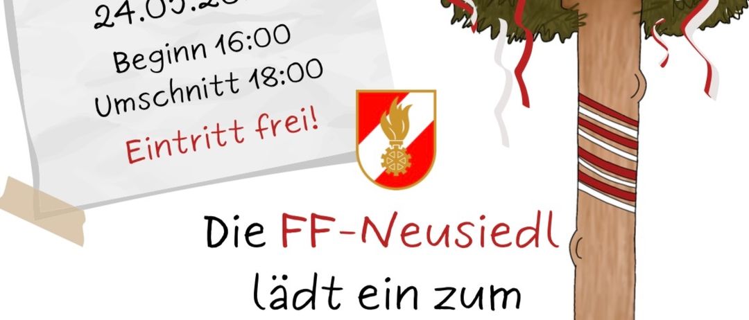 Ein Veranstaltungsposter lädt zu einem Treffen am Lindenplatz am 24. Mai 2025 ein, Beginn um 16:00 Uhr, Ende um 18:00 Uhr, mit freiem Eintritt. Das FF-Neusiedel-Logo ist abgebildet.