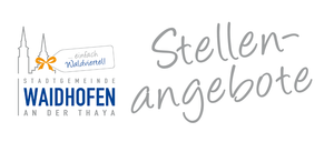 Ein weißes Banner mit dem Wort 'Stellenangebot' in kursiver Schrift. Darunter befindet sich ein Logo mit den Worten 'Waldviertel!'. Auf der linken Seite befindet sich ein Logo mit dem Text 'Gemeinde Dohfen er Thaya'.