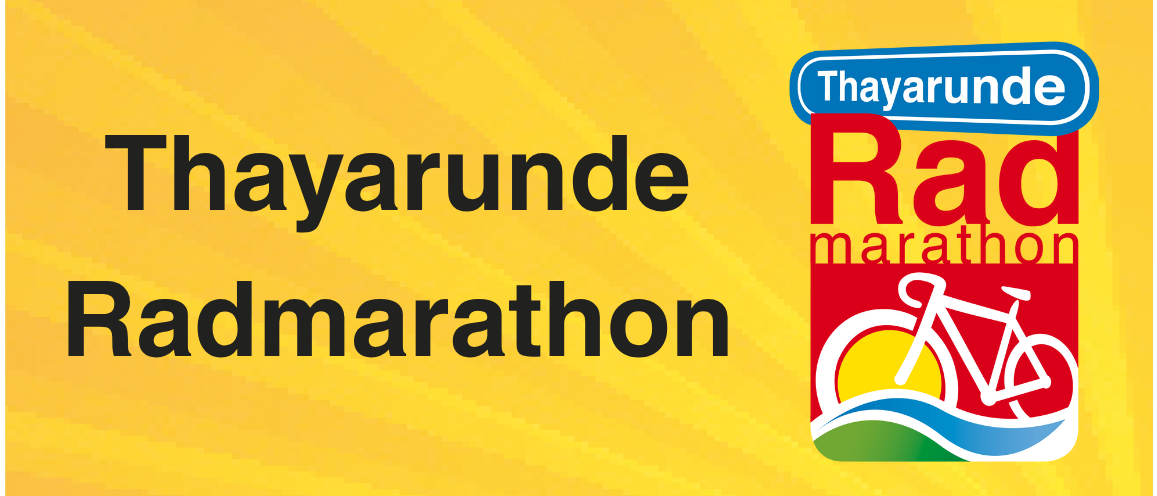 Ein Bild eines Plakats für den Thayarunde Radmarathon. Das Poster zeigt einen blauen Vogel, ein Fahrrad und einen gelben Hintergrund.