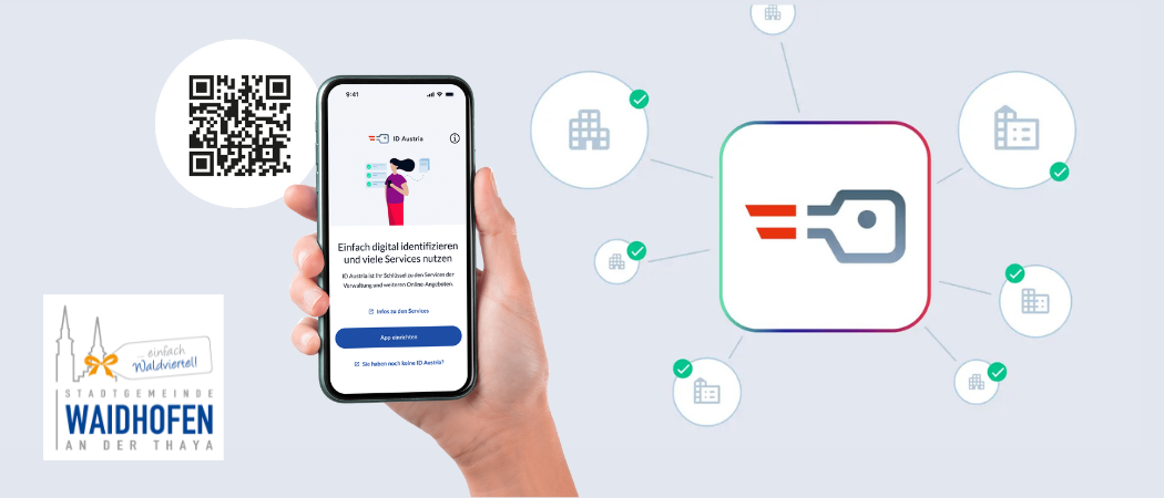 Ein Smartphone zeigt eine ID Austria-App an, umgeben von Symbolen von Gebäuden und QR-Codes. Eine Hand hält das Smartphone und betont den digitalen Identifikationsdienst.