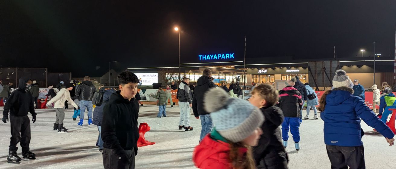 Mehrere Kinder und Erwachsene stehen nachts auf einer Eislaufbahn. Sie tragen warme Kleidung. Das Schild zeigt 'THAYAPARK'.