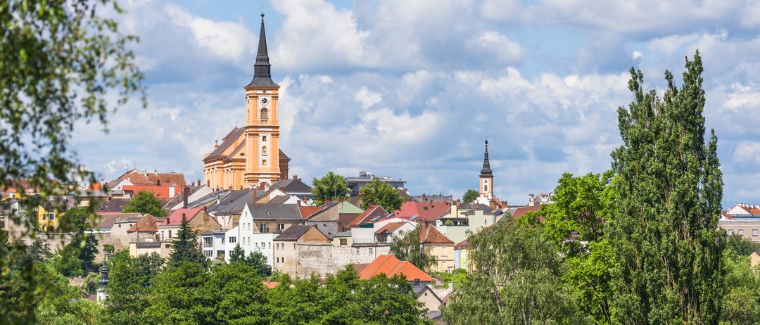 Ein Stadtbild mit einer markanten Kirche, umgeben von Bäumen und Häusern unter einem teilweise bewölkten Himmel.