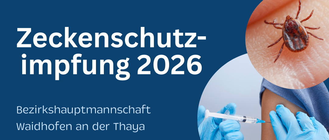 Plakat für die Zeckenschutz-Impfungskampagne 2026. Es zeigt eine Person, die mit einer Spritze geimpft wird, und eine Zecke auf der Haut.