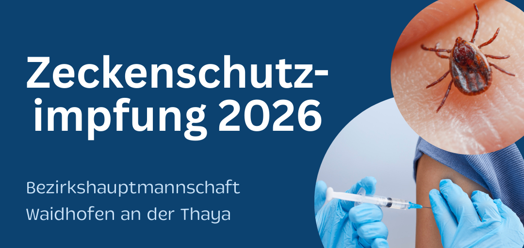 Plakat für die Zeckenschutz-Impfungskampagne 2026. Es zeigt eine Person, die mit einer Spritze geimpft wird, und eine Zecke auf der Haut.