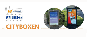 Werbung für die Stadt Waidhofen an der Thaya mit einer digitalen Infobox und einem Smartphone-Bildschirm mit Karte.