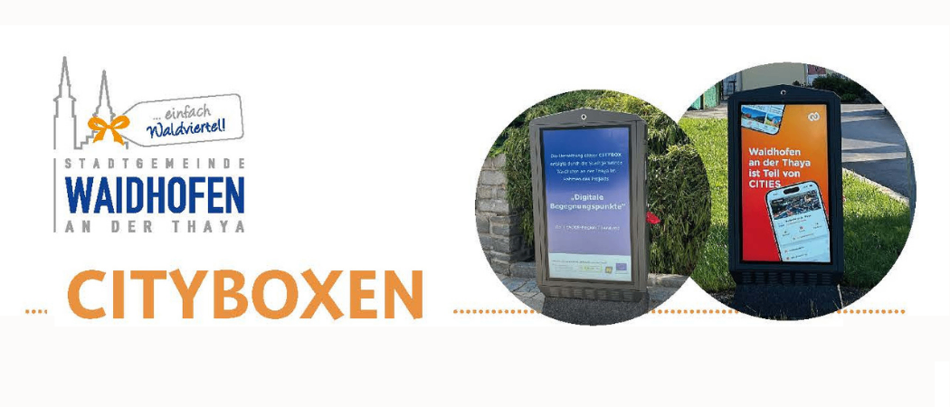 Werbung für die Stadt Waidhofen an der Thaya mit einer digitalen Infobox und einem Smartphone-Bildschirm mit Karte.