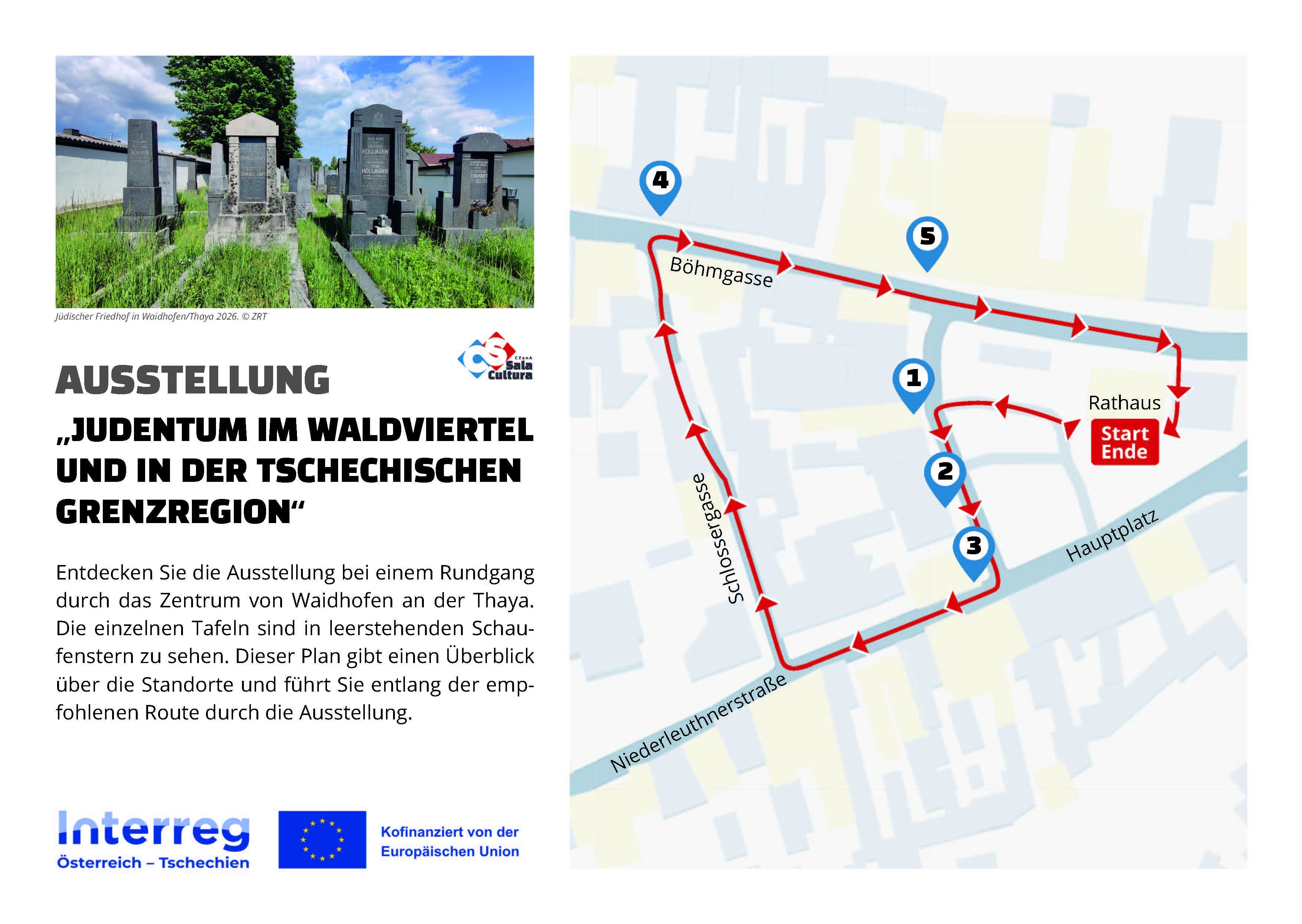 Ein Bild mit einer Karte, die eine Wanderroute und einen Friedhof zeigt. Die Karte hat nummerierte Haltepunkte, und der Friedhof befindet sich auf der linken Seite des Bildes.