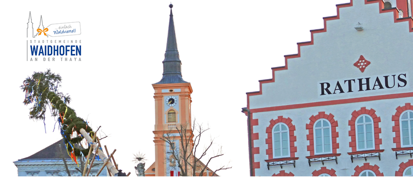 Eine Collage von Bildern, die einen Kirchturm, ein Gebäude mit dem Wort Rathaus und einen Baum mit Bändern zeigt. Der Text lautet 'Gemeinsames Maibaumaufstellen, Mittwoch, 30. April 2025, 19.00 Uhr, Hauptplatz'.