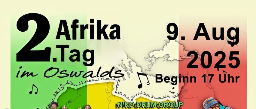 Ein Veranstaltungsposter mit einer Karte von Afrika im Hintergrund. Es zeigt eine Band, die Trommeln spielt, einen Mann, der eine Harfe spielt, und eine Gruppe von tanzenden Menschen. Der Text lautet 'Für Essen und Trinken sind Sie bestens versorgt. Der gesamte Erlös dieses Abends wird an Stimmen für Afrika gespendet.'