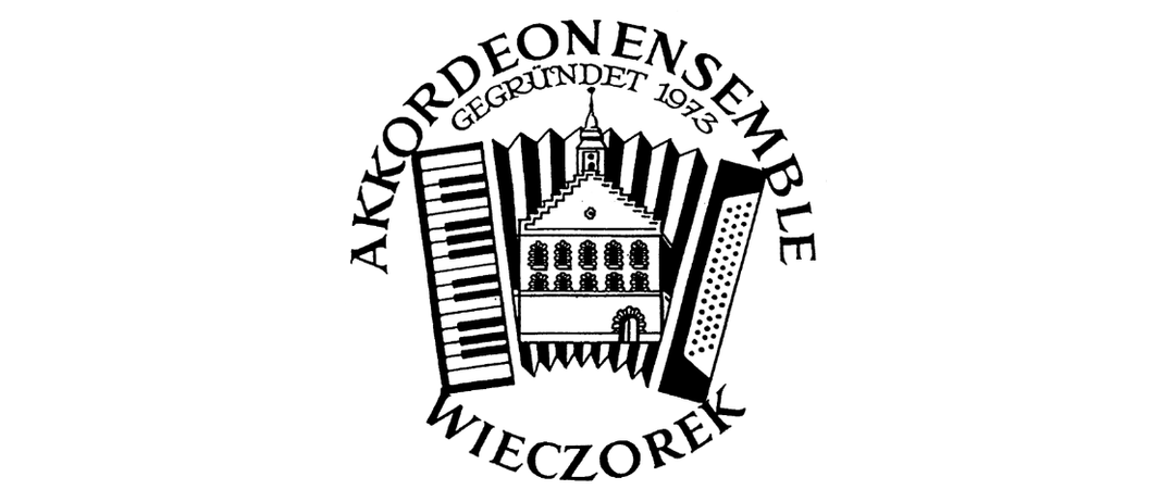 Schwarz-weißes Logo für ein Musikensemble namens 'Akkordeonensemble Gegrundet 1925 Wieczorek' mit einer Kirche und Musikinstrumenten.
