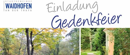 A promotional image for 'Einladung Gedenfeier', featuring two landscapes: one with a river and trees, and another with a path leading to a building. The text is in German, suggesting a cultural or community event.