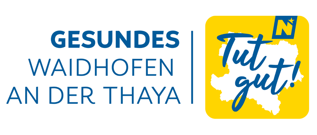 Das Logo für das Gesundheitszentrum in Waidhofen der Thaya, mit blau-gelbem Design.