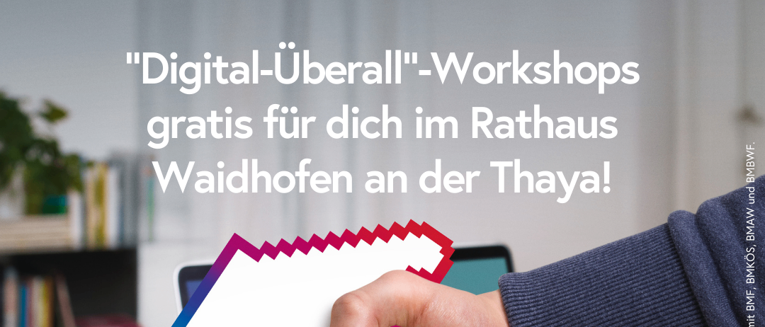 Ein Poster für ein kostenloses Seminar zum Erkennen von Fake News, einschließlich solcher, die durch künstliche Intelligenz generiert wurden, im Rathaus Waidhofen. Es zeigt eine Hand, die ein Papier mit dem Bild zweier Hände, die sich schütteln, hält.
